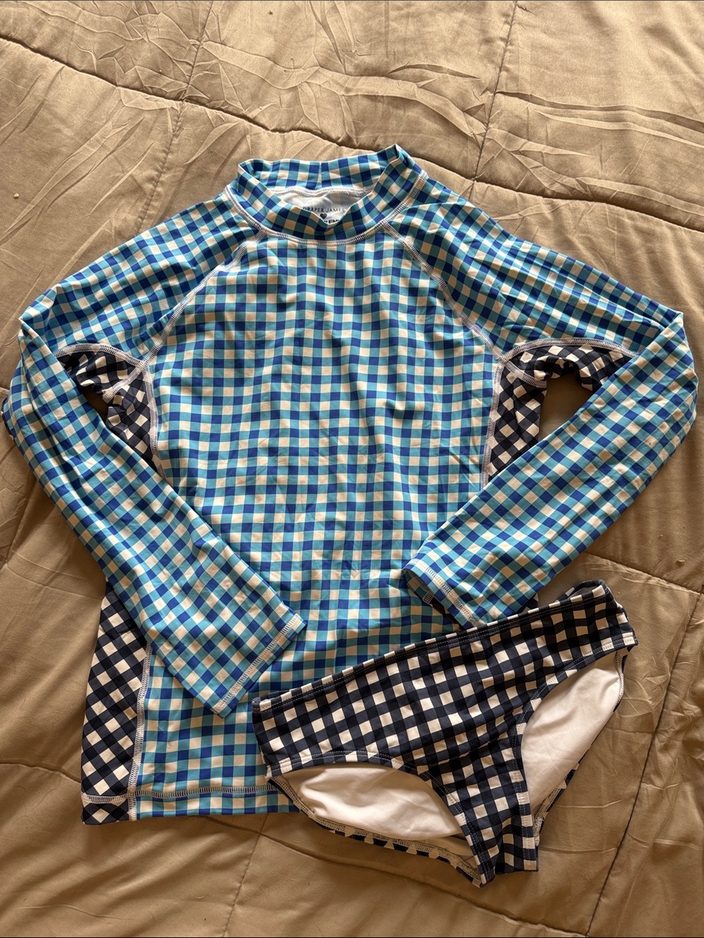 Draper James/LE Kids Blue Gingham Rash Guard Set - Long Sleeve Swim Top & Bottom